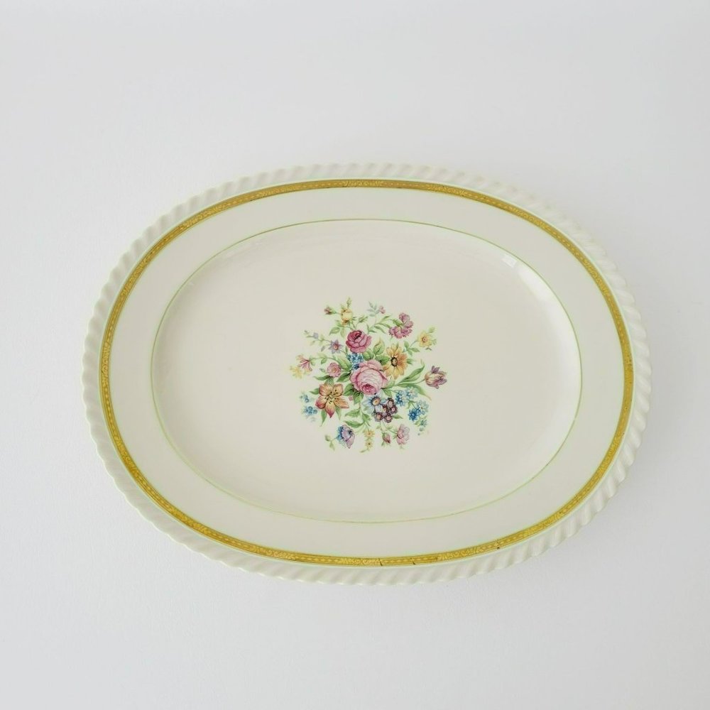 Vintage Krautheim Floral 15" Oval Platter, Gadroon Edge, Etched Heavy Gold Trim - Picture 2 of 10